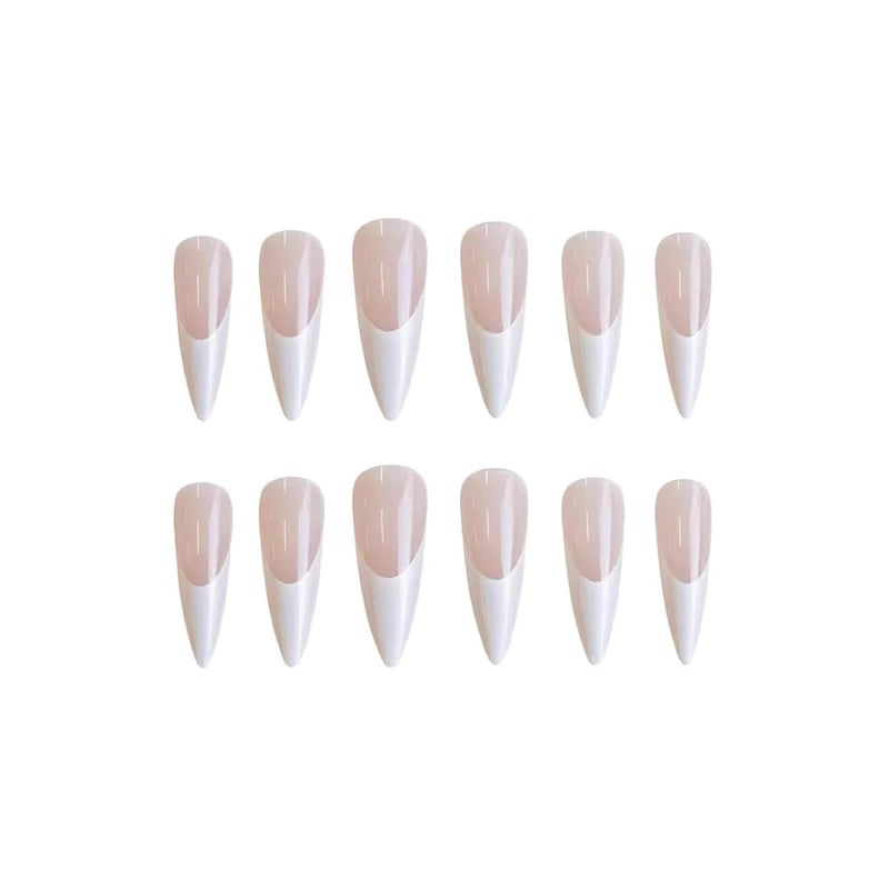 SINHOT French Tip Press on Nails Long Stiletto Fake Nails Pearly White Acrylic Nails Glossy Glue on Nail Almond Artificial Nail Stick on False Nail with Design 24 pcs - Image 2